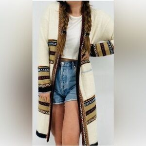 Janice Fair Isle Embroidered Penny Lane Sweater Boho Knit Striped Long Cardigan